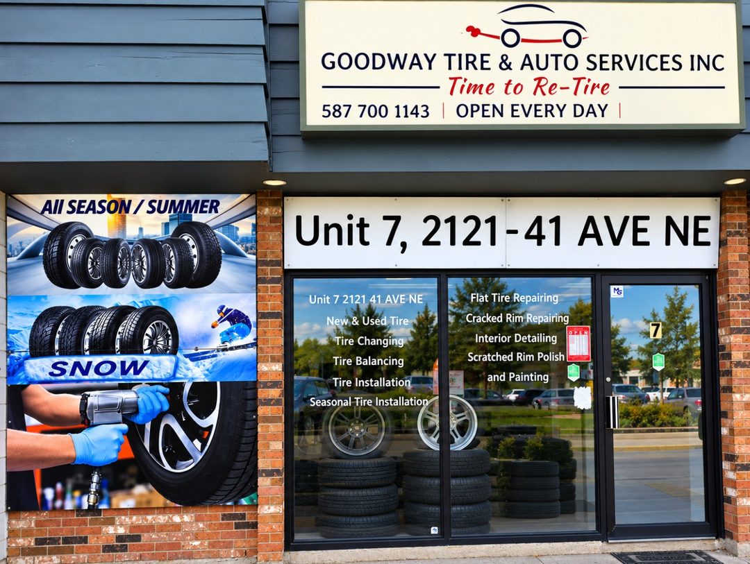The Good Way Tire & Auto storefront on 41 Ave NE, with its services lettered on the window