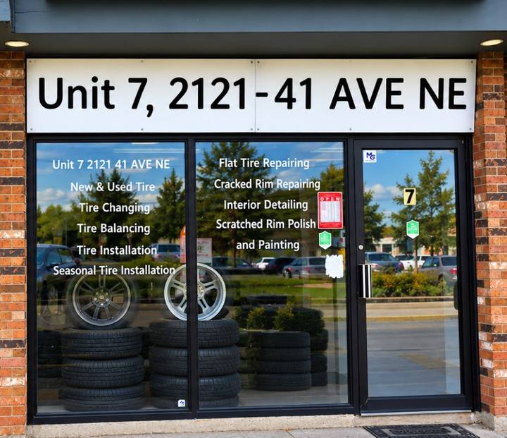 The shop's windows and door under the Unit 7, 2121-41 Ave NE sign